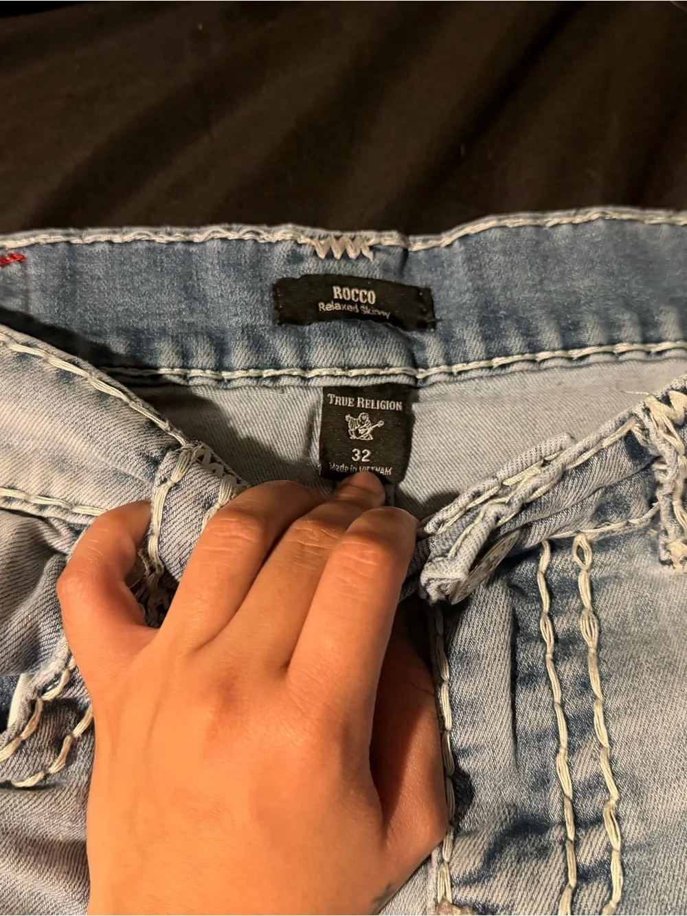 True Religion Light Blue Men's Jeans - Back Pocket Stitch Detail